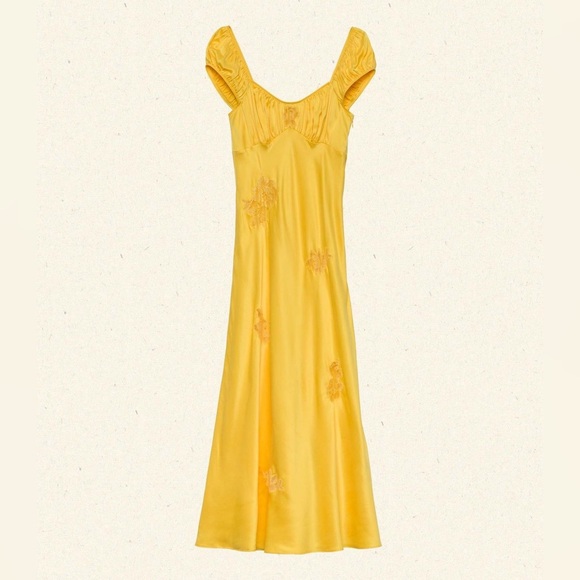 Doen Gwendolyn Silk Lace Short Sleeve Midi Maxi Dress Daylily Yellow Gold - Picture 13 of 15
